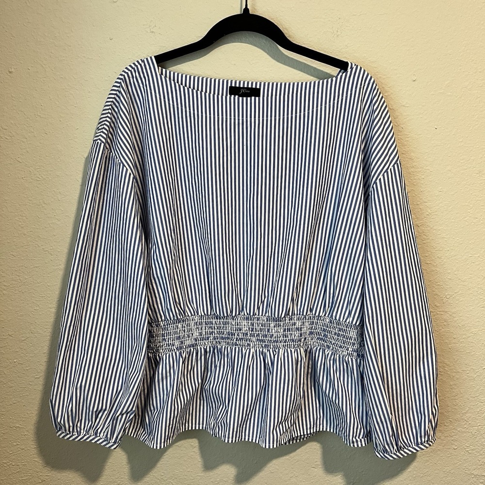 J.Crew Women's Blouse Size XXL Striped Boatneck Blue Smocked Waist Preppy Cotton